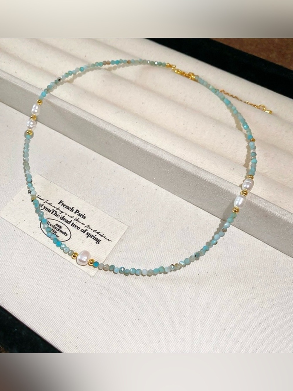 Delicate Aqua Bead and Pearl Necklace with Gold Colored Accents